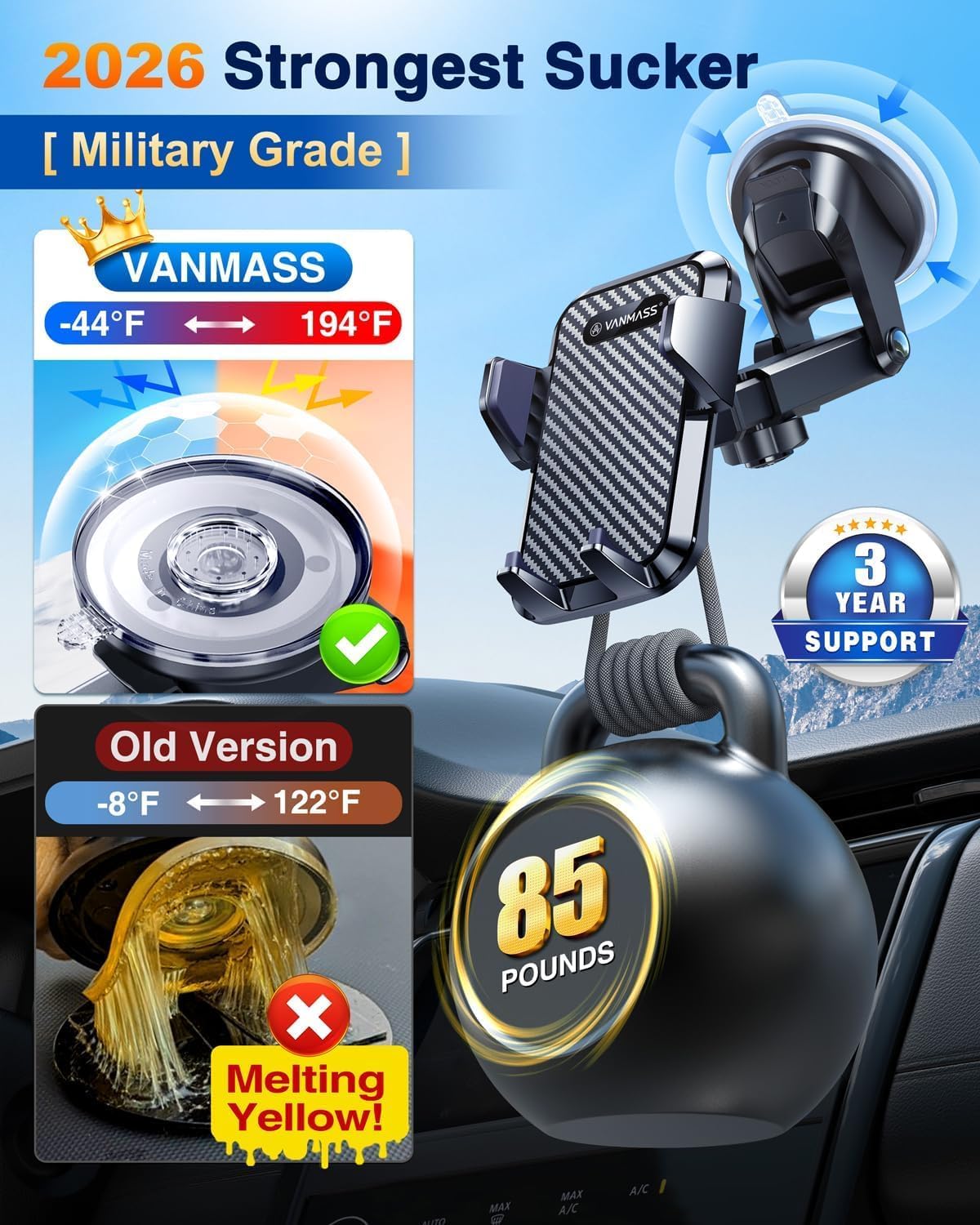 VANMASS【85+LBS Strongest Suction & Military-Grade Ultimate Car Phone Mount【Patent & Safety Certs】 Cell Phone Holder for Dash Windshield Vent for iPhone 17 Pro Max Automobile Accessory Kits,Ink Black