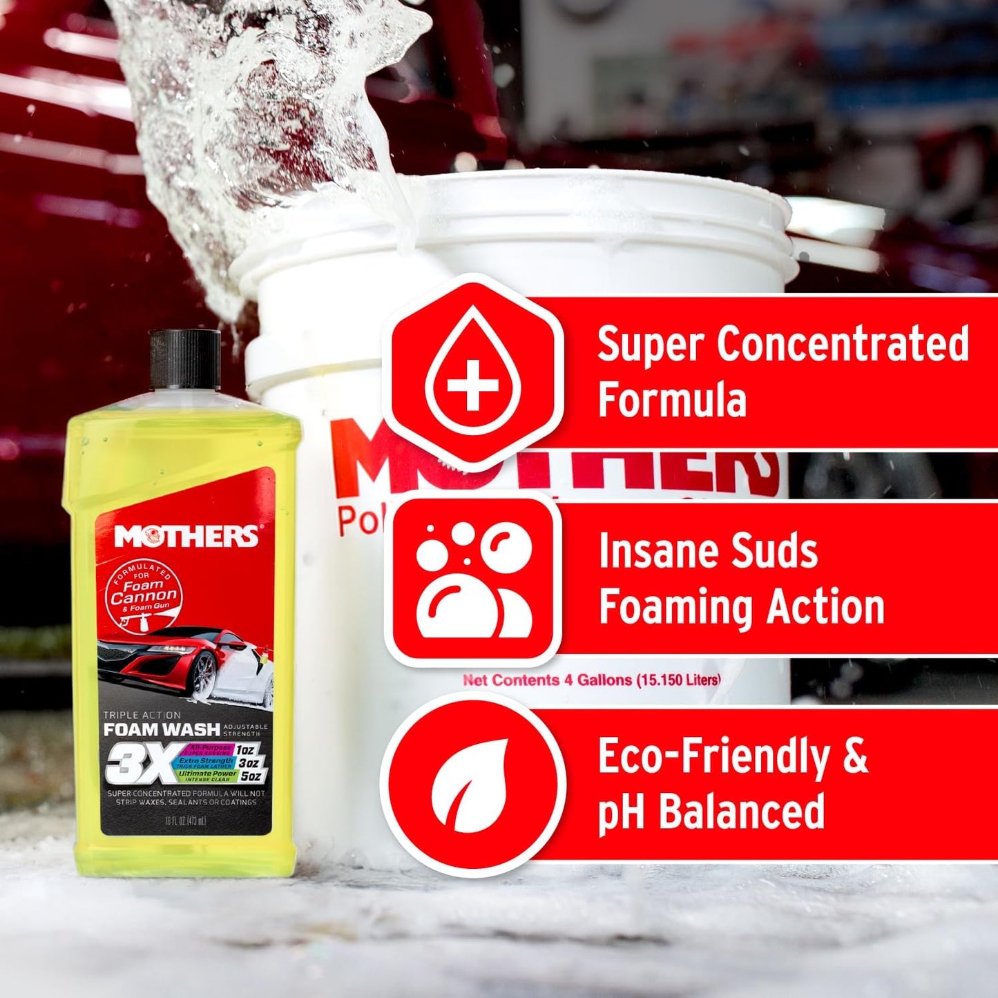 Mothers Triple Action Foam Wash, 100 oz. — pH Balanced, Eco-Friendly, Super-Sudsy, Foam Cannon, Safely Clean Without Stripping Wax, Sealant or Coating, Remove Dirt & Grime, Super Concentrated (05610)