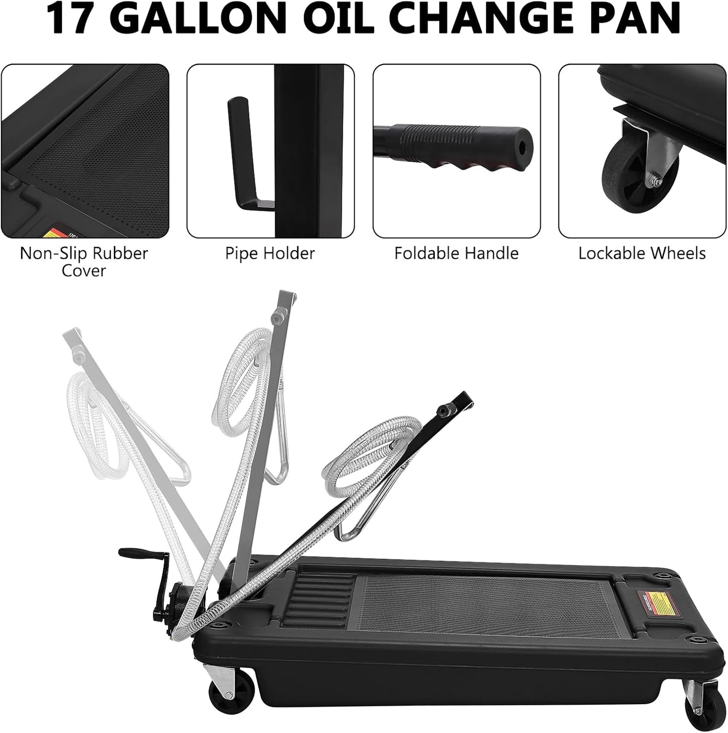 Garvee 20 gal Oil Drain Pan Oil Drain Tank, 76 L Low Profile Oil Drain Pan, Large Capacity Oil Change Pan with Manual Pump & T Foldable Hand and Wheels, 8 ft Hose Oil Drain Cart for Car, SUV, Trucks