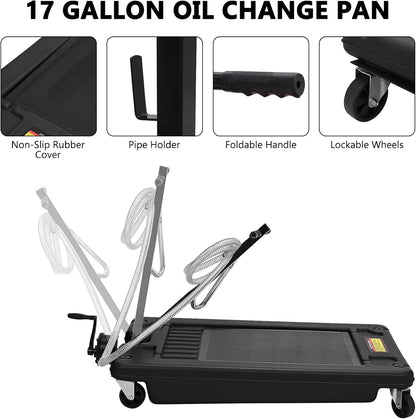 Garvee 20 gal Oil Drain Pan Oil Drain Tank, 76 L Low Profile Oil Drain Pan, Large Capacity Oil Change Pan with Manual Pump & T Foldable Hand and Wheels, 8 ft Hose Oil Drain Cart for Car, SUV, Trucks