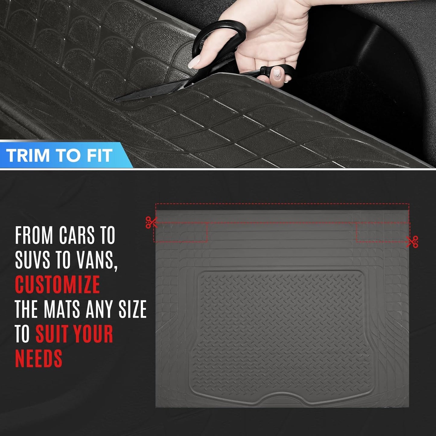 PIC AUTO Heavy Duty Cargo Liner, Trimmable All-Weather Rubber Trunk Mat for Cars, SUVs, Vans & Trucks, Anti-Slip Backing, Durable Protection, Large, Black