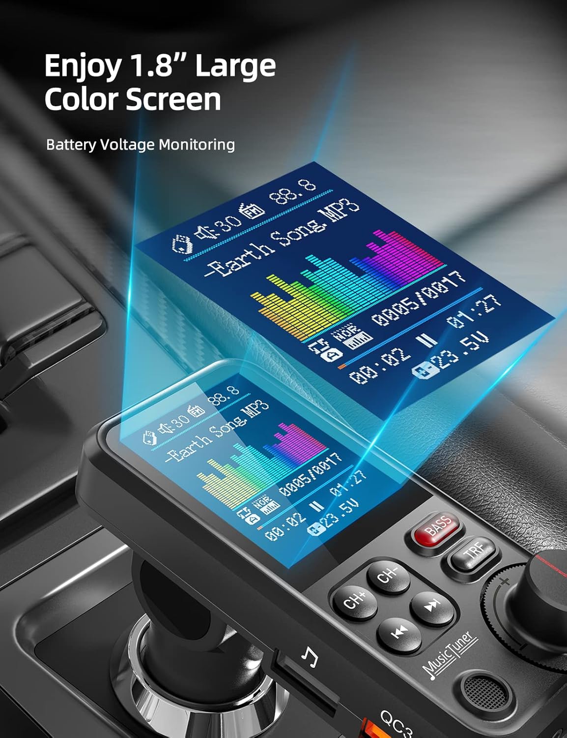 Nulaxy KM30 Bluetooth Car Adapter, FM Transmitter with 1.8" Color Screen, Hands-Free Calling Strong Mic, QC3.0 Fast Charging, Treble & Bass Sound Music Player, Wireless Radio Receiver, AUX TF USB
