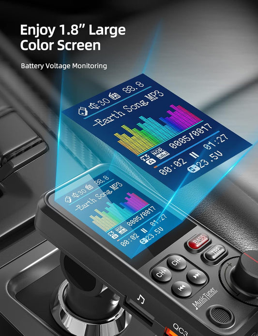 Nulaxy KM30 Bluetooth Car Adapter, FM Transmitter with 1.8" Color Screen, Hands-Free Calling Strong Mic, QC3.0 Fast Charging, Treble & Bass Sound Music Player, Wireless Radio Receiver, AUX TF USB