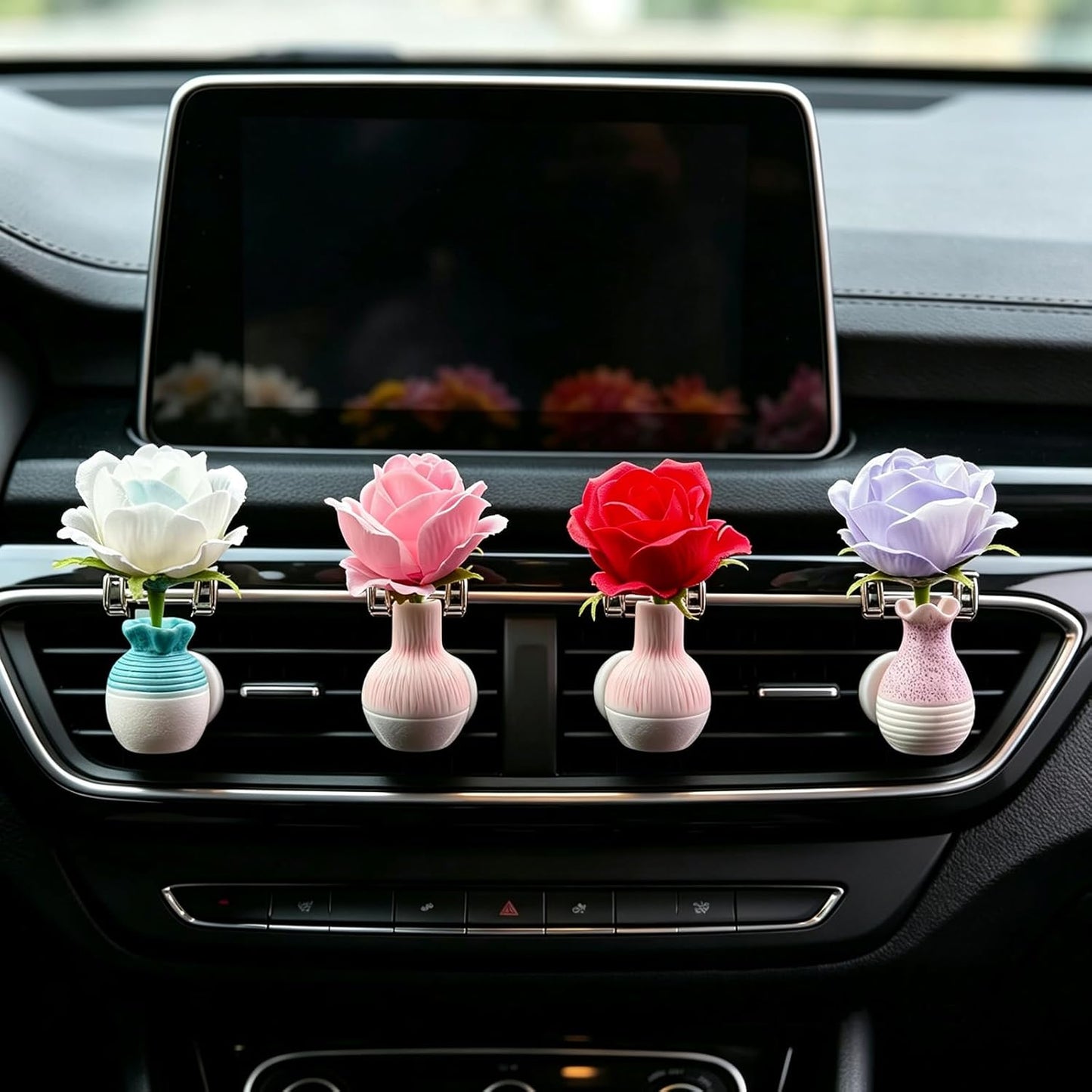 Set of 4 Cute Flower Bouquet Car Air Freshener Vent Clips, Mini Artificial Flowers for Car Air Vent Decoration, Auto Interior Dashboard Ornament Accessories