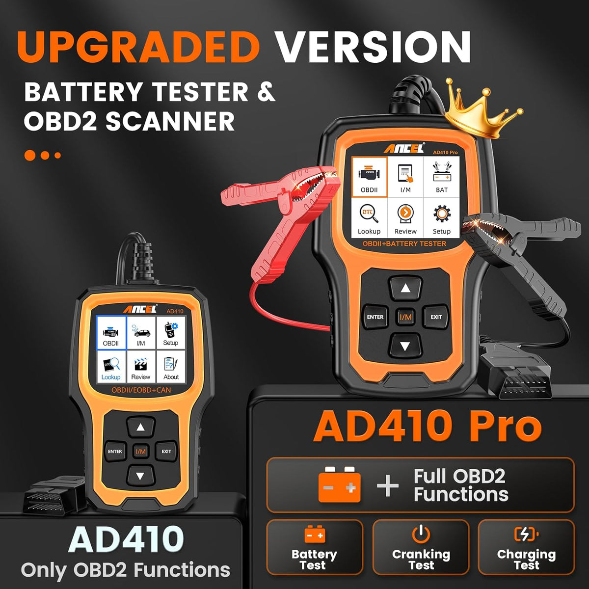 ANCEL AD410 PRO OBD2 Scanner and Battery Tester, 2-in-1 Car Diagnostic Tool, Check Engine Light, EVAP Test, Live Data, 12V Battery Analyzer with Cranking & Charging System Test for Car Motorcycle