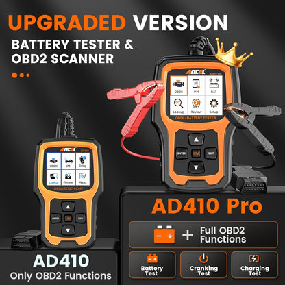 ANCEL AD410 PRO OBD2 Scanner and Battery Tester, 2-in-1 Car Diagnostic Tool, Check Engine Light, EVAP Test, Live Data, 12V Battery Analyzer with Cranking & Charging System Test for Car Motorcycle