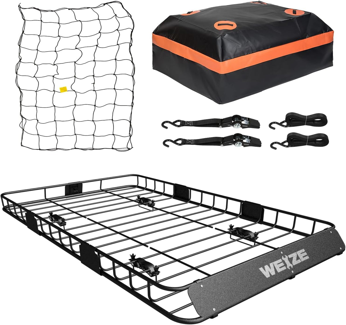 WEIZE 54" x 34" Heavy Duty Roof Rack Basket, 200LBS Universal Rooftop Cargo Basket with Waterproof Bag, Cargo Net & Tie Down Straps, Steel Luggage Holder for Car SUV Truck