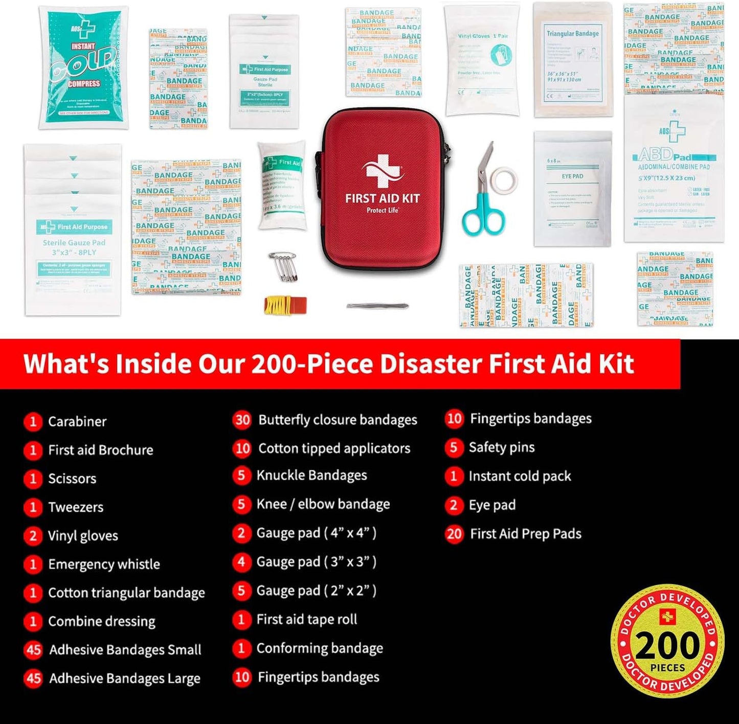 Protect Life Doctor Developed Mini First Aid Kit, 100 Piece Waterproof Emergency Kit for Car, Boat, Camping & Travel, Includes Emergency Blanket, Tourniquet & First Aid Guide