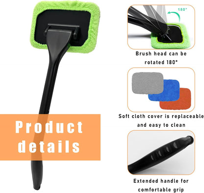 Ohleats Car Windshield Cleaning Tool, Microfiber Window Cleaner with 4 Washable and Reusable Cloth Pad & Long Handle, Auto Glass Wiper Cleaning Kit with Spray Bottle, Car Accessories