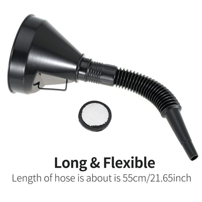 Wide Mouth Oil Funnel with Flexible Extension Nozzle Hose with Handle Mesh Screen Filter for Cars Motorcycles Engine Oil Kerosene Gasoline Gas Fuel Diesel Water Fluid Coolant Liquid Black 1PC (1)