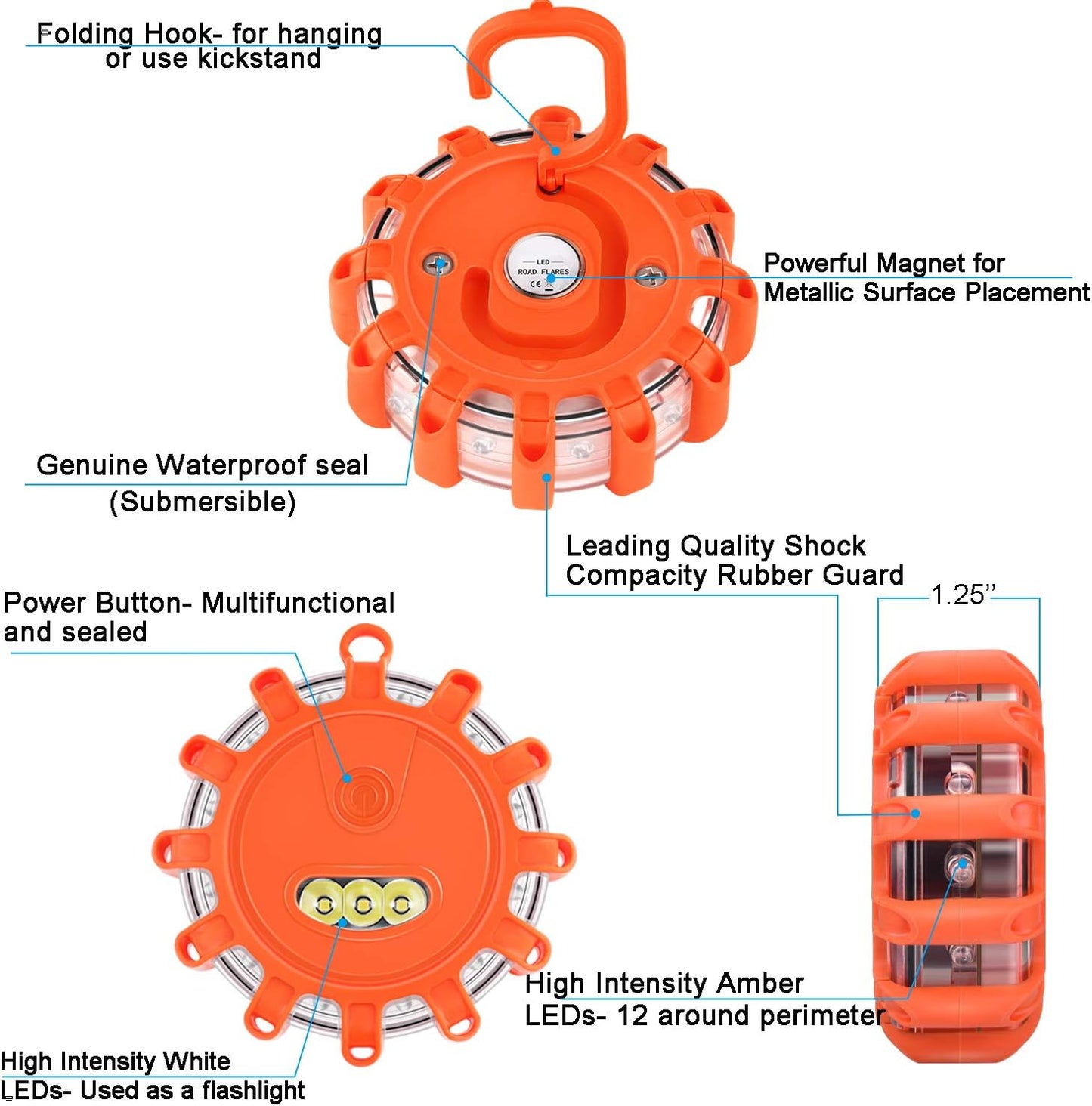 Tobfit 6 Pack LED Road Flares Emergency Lights Roadside Safety Beacon Disc Flashing Warning Flare Kit with Magnetic Base & Hook for Car Truck Boats | 9 Flash Modes (Batteries Not Included) (6)