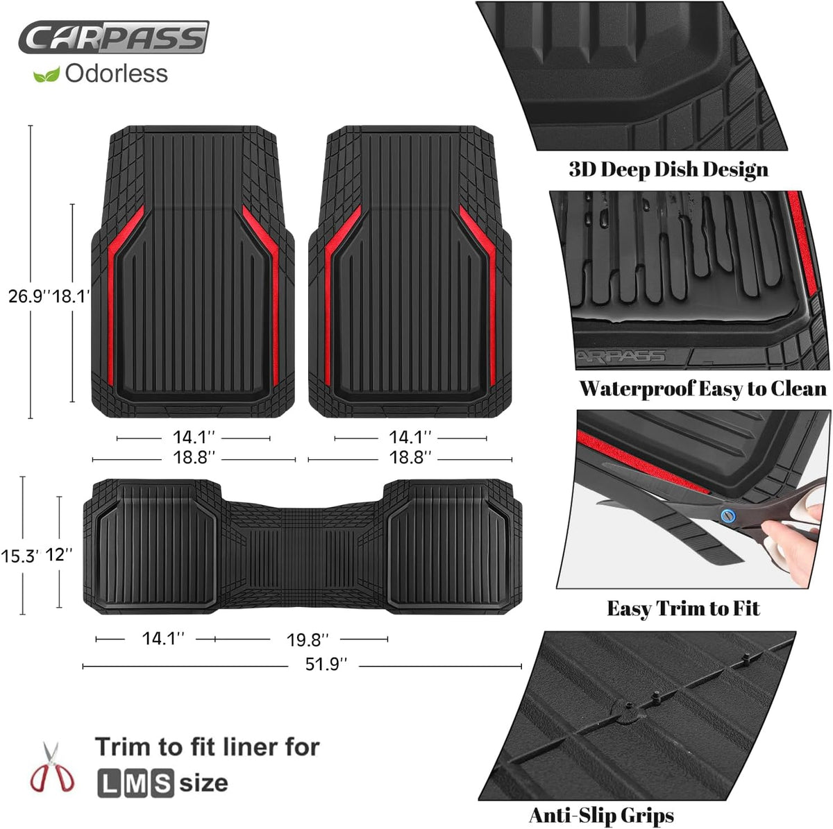 CAR PASS Heavy Duty Rubber Floor Mats for Car, Waterproof Liner Deep Dish Car Mats Full Sets, Universal Trim to Fit for SUV Truck Sedans Vans, All Weather Automotive Floor Mats 3pcs, Solid Black
