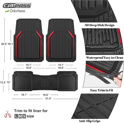 CAR PASS Heavy Duty Rubber Floor Mats for Car, Waterproof Liner Deep Dish Car Mats Full Sets, Universal Trim to Fit for SUV Truck Sedans Vans, All Weather Automotive Floor Mats 3pcs, Solid Black