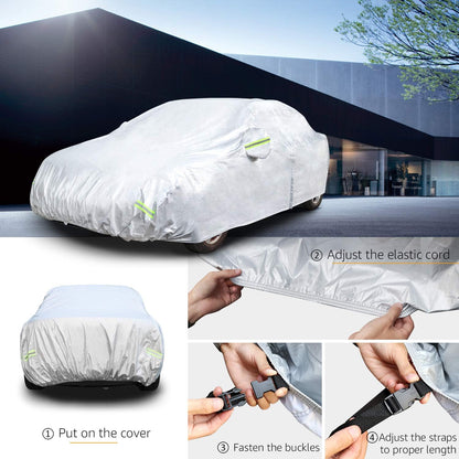 Amazon Basics Silver Weatherproof Car Cover, 150D Oxford, UV Protection, Snow Protection, Dustproof for Sedans up to 200", with Door Zipper