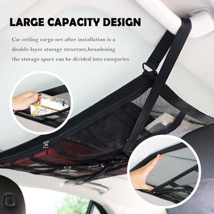 Car Ceiling Cargo Net with 2*Headrest Hook,Large Capacity Anti-Fall Cargo Net for Inside Car Roof Keeps Cars Interior Tidy,Universal Ceiling Cargos Nets for Mid & Large Cars/SUVs