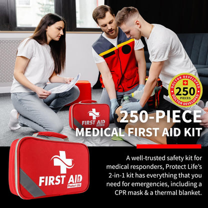 Protect Life Doctor Developed Mini First Aid Kit, 100 Piece Waterproof Emergency Kit for Car, Boat, Camping & Travel, Includes Emergency Blanket, Tourniquet & First Aid Guide