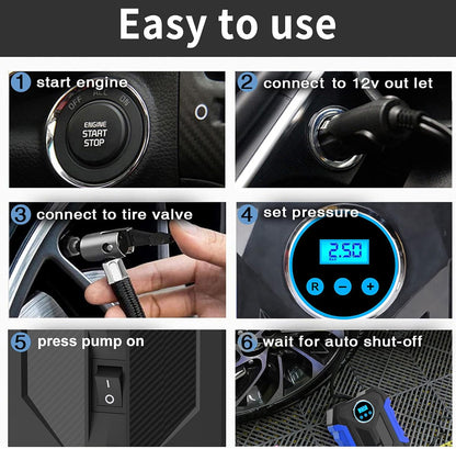 Digital Air Compressor for Car Auto Pump Portable Tire Inflator with LED Light DC 12V