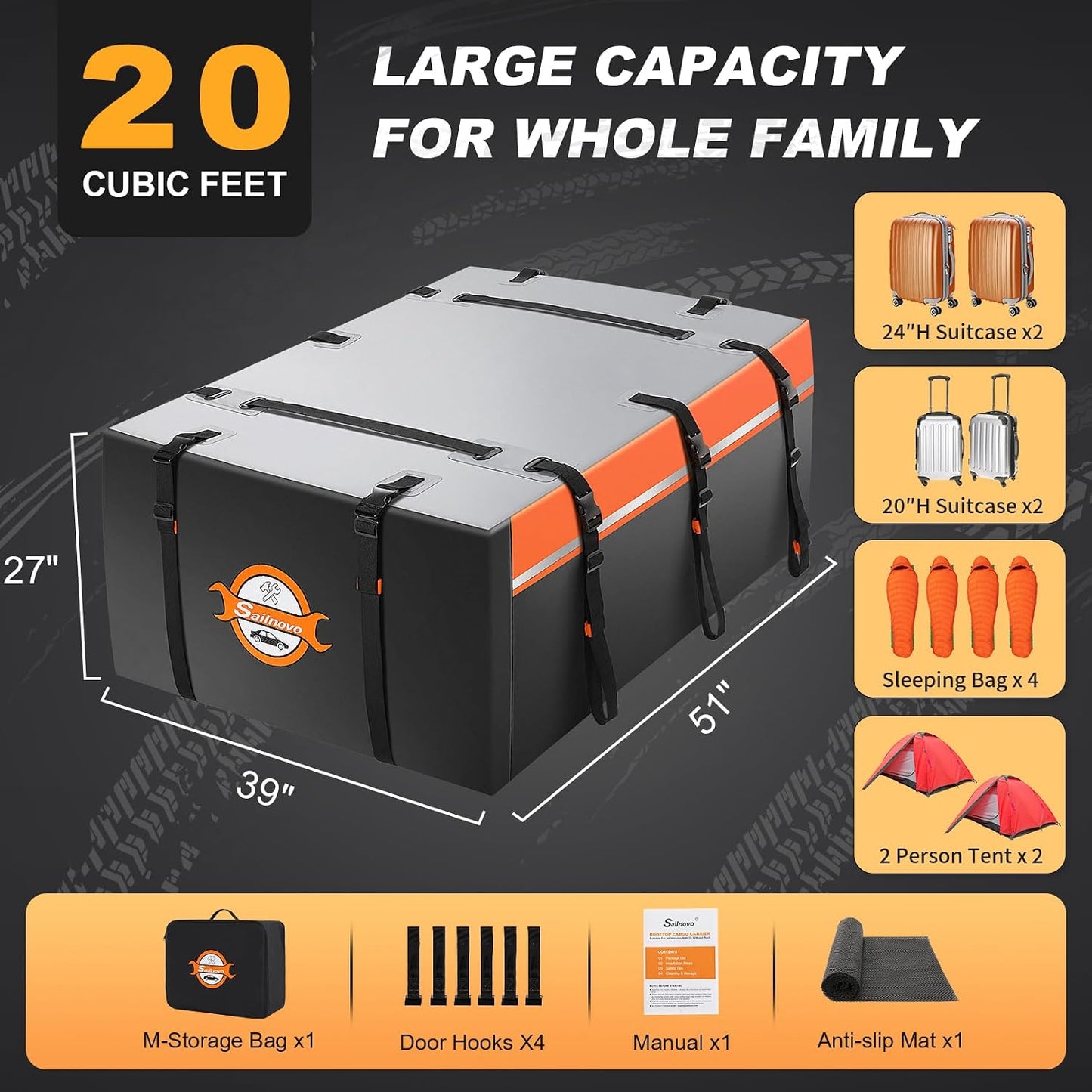 Sailnovo Rooftop Cargo Carrier Bag 21 Cubic, 1000D PVC Waterproof Vehicle Soft-Shell Carrier for Cars with/Without Roof Rack, Car Roof Storage Includes Anti-Slip Mat,10 Reinforced Straps, 6 Door Hooks