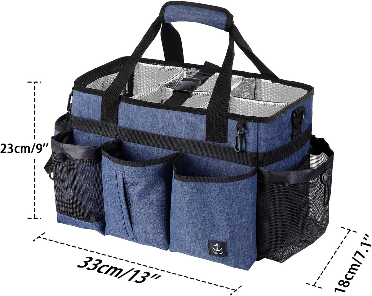 Large Cleaning Caddy Bag Built-in Sturdy Support Board, Cleaning Organizer with Detachable Divider, Cleaning Supply Tote with Adjustable Shoulder Strap&Waist Belt for Cleaners & Housekeeper
