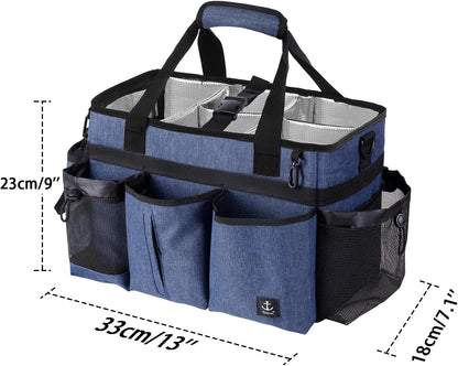Large Cleaning Caddy Bag Built-in Sturdy Support Board, Cleaning Organizer with Detachable Divider, Cleaning Supply Tote with Adjustable Shoulder Strap&Waist Belt for Cleaners & Housekeeper