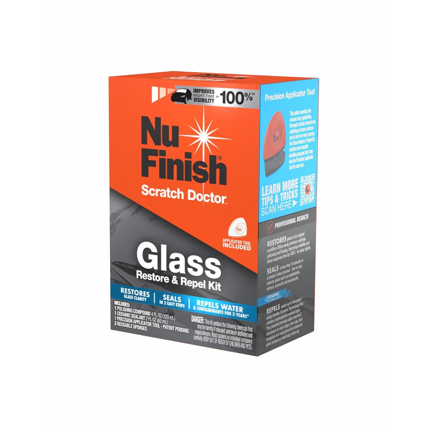 Nu Finish Glass Restore & Repel Kit, Two Step Regimen for Car Windshield, Includes Polishing Compound, Ceramic Sealant, Precision Applicator Tool, and 2 Reusable Sponges