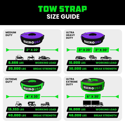 Rhino USA Recovery Tow Strap (3" x 20') - 31,518lb Break Strength - Emergency Recovery Strap Tow Rope for Truck, UTV, ATV & More - Heavy Duty Towing Strap for Offroad 4x4 Use - Compatible with Jeep