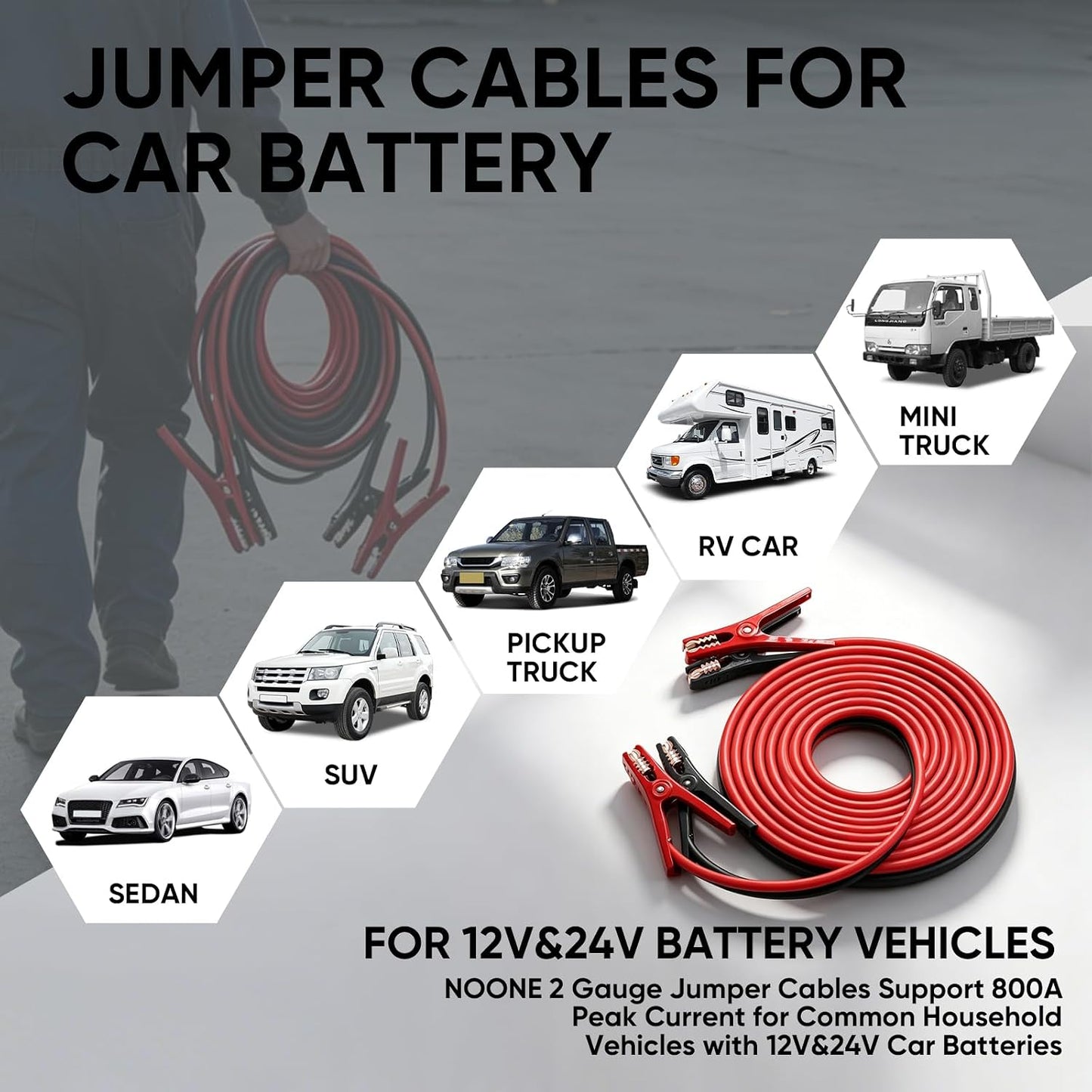 NOONE Jumper Cables for Car Battery, Heavy Duty Automotive Booster Cables for Jump Starting Dead or Weak Batteries (10-Feet)