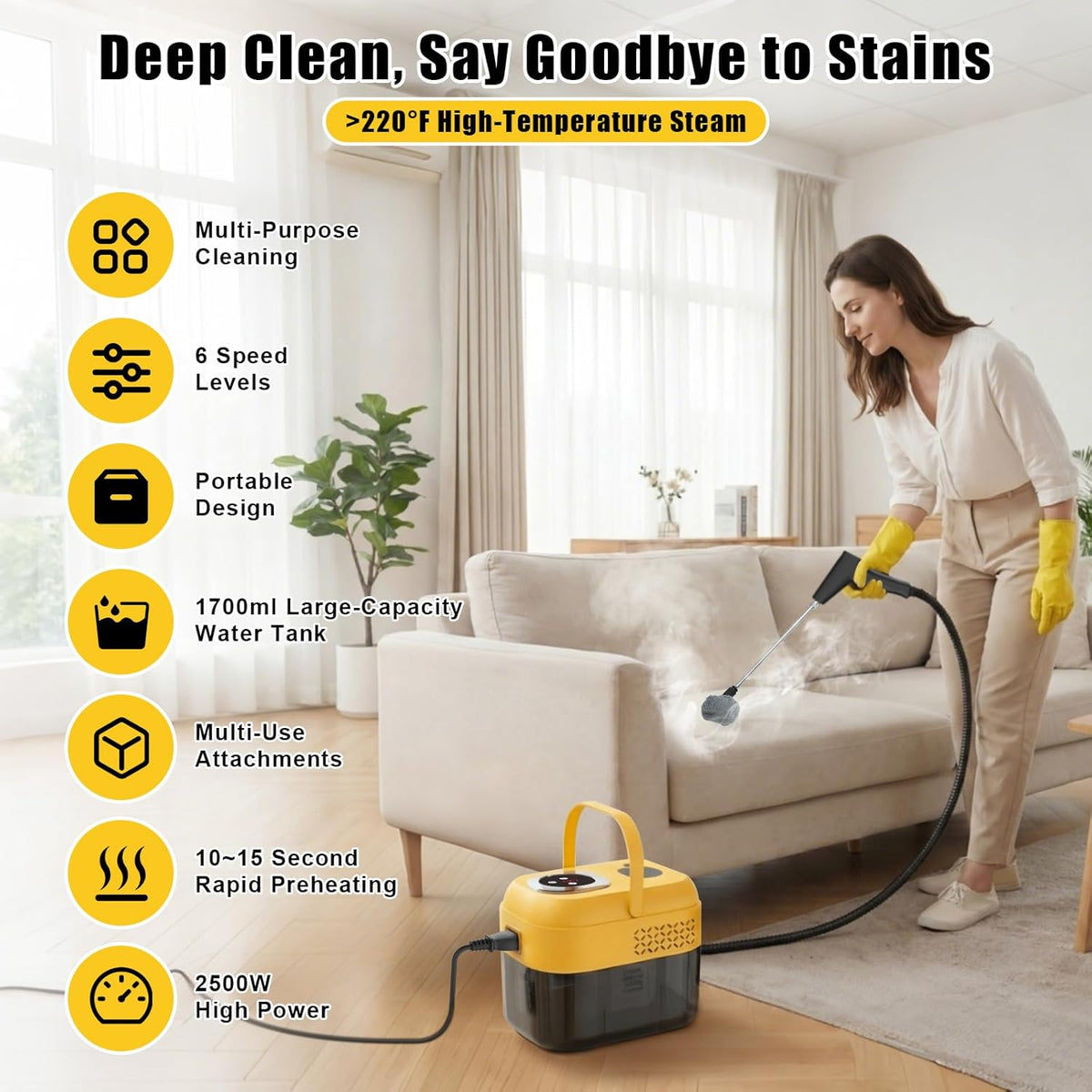 DXD Handheld Steam Cleaner,New Generation 2500W High Pressure Steam Cleaner for Home,1700ML Large Tank Portable Steamer for Cleaning,10s Rapid Heating,21pcs Accessories,for Car,Home Grease Detailing