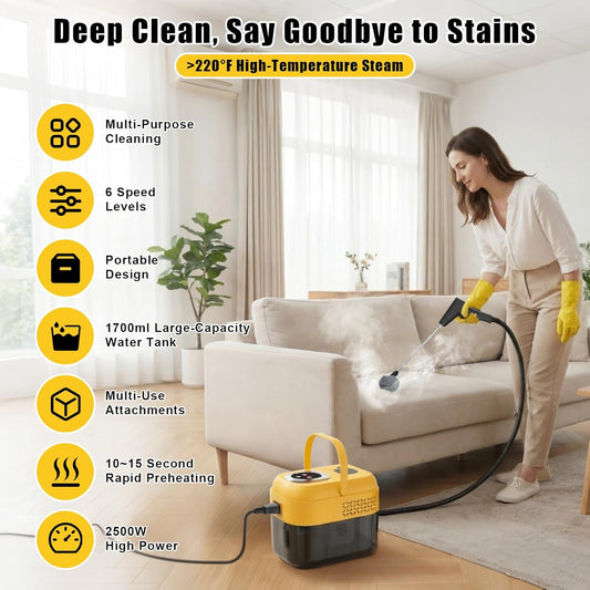 DXD Handheld Steam Cleaner,New Generation 2500W High Pressure Steam Cleaner for Home,1700ML Large Tank Portable Steamer for Cleaning,10s Rapid Heating,21pcs Accessories,for Car,Home Grease Detailing