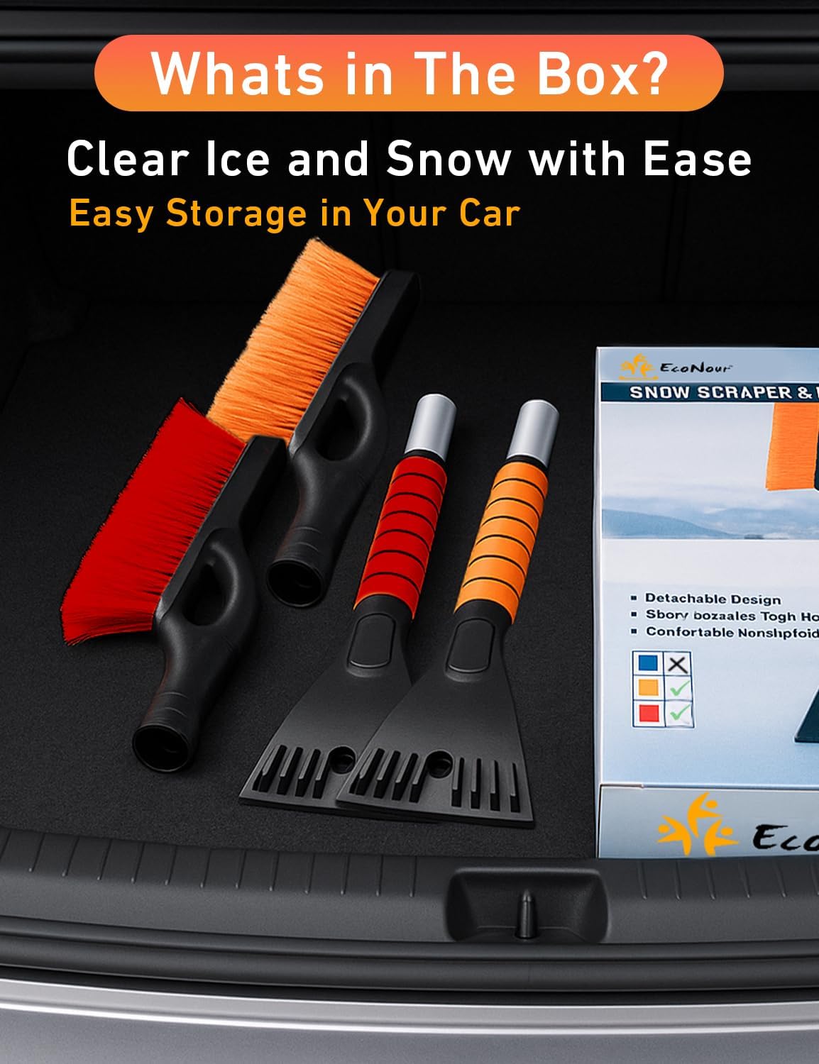 EcoNour 27" Aluminum Ice Scrapers for Car Windshield | Car Snow Scraper Window and Snow Brush with Ergonomic Foam Grip Winter Accessories (Orange)