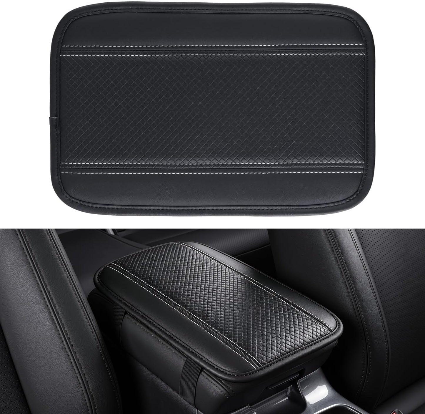 Amiss Car Center Console Cover, Upgraded Leather Car Armrest Cushion with 2 Storage Pockets, Universal Waterproof Cushion Pad, Non-Slip Car Interior Accessories, Fits Most Sedans SUVs Trucks (Black)