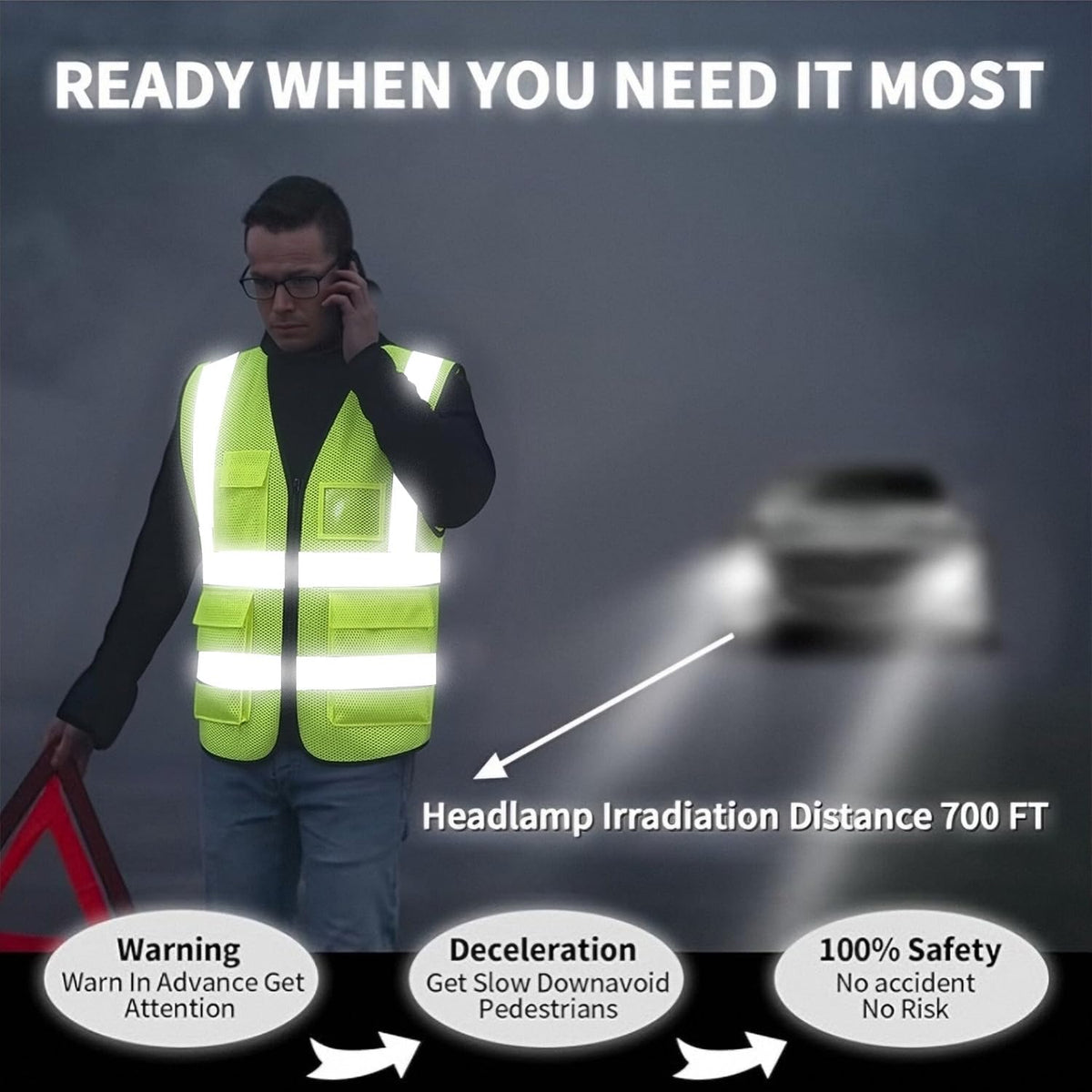 Reflective Mesh Safety Vest, Breathable Hi Vis Vest Construction Work with 5 Pockets and Zipper for Men Women