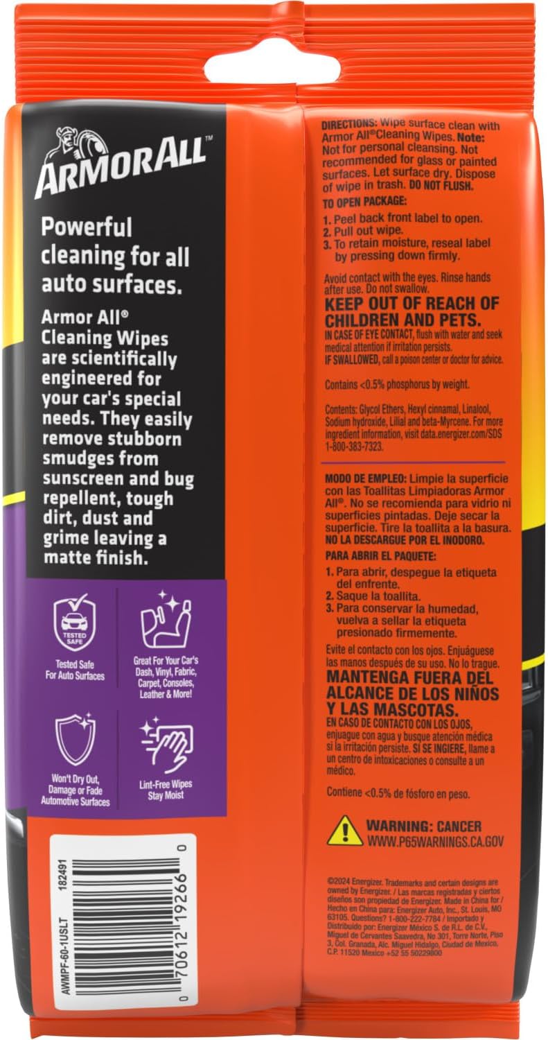 Armor All Car Interior Cleaner Wipes, Interior Cleaning Wipes for Cars, Trucks, Motorcycles, 60 Each