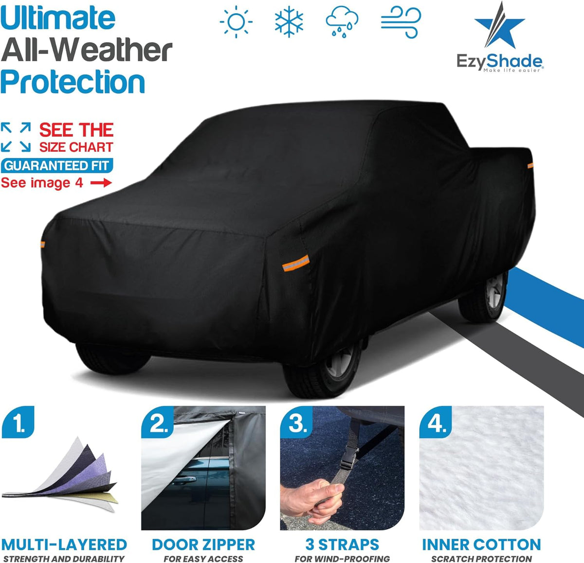 EzyShade 10-Layer Car Cover Waterproof All Weather - See Vehicle Size-Chart - Car Covers for Automobiles & Car Snow Cover - Full Exterior Covers - Winter Rain Sun SUV Sedan. Size A4 (See SizeChart)
