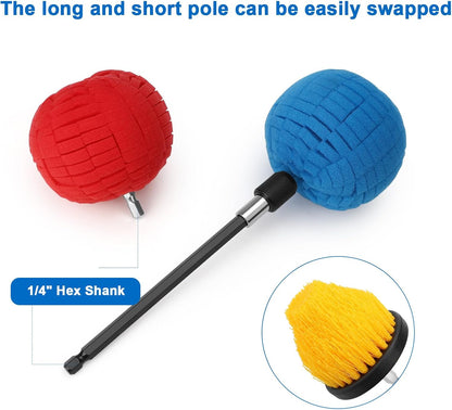 Linkstyle 5PCS Drill Polishing Ball Set, Car Wheel Polisher Sponge Pad Kit with Long Extension Pole & Cleaning Brush, Buffing Ball for 1/4" Hex Drill, Car Rim and Metal Surface Polishing Tool