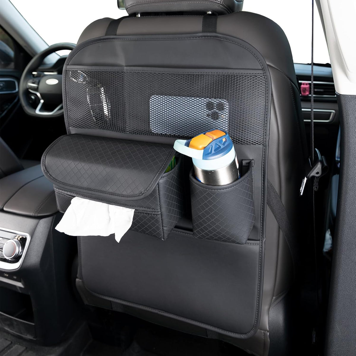 PU Leather Car Seat Back Organizer with Kick Mat Protectors, Tissue Box Storage, Cup Holder, Phone Holder for Road Trips. (Black)
