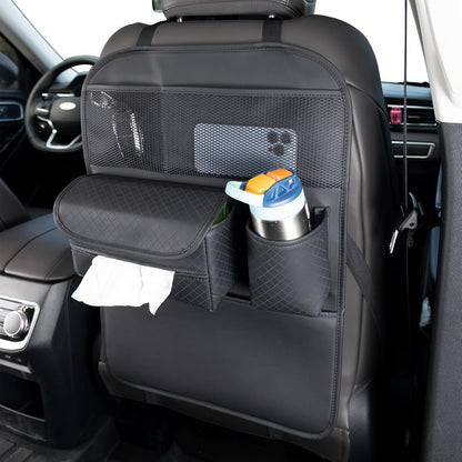 PU Leather Car Seat Back Organizer with Kick Mat Protectors, Tissue Box Storage, Cup Holder, Phone Holder for Road Trips. (Black)