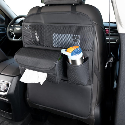 PU Leather Car Seat Back Organizer with Kick Mat Protectors, Tissue Box Storage, Cup Holder, Phone Holder for Road Trips. (Black)