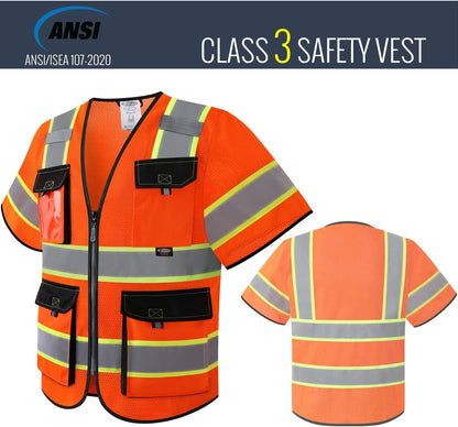 JKSafety Safety Vest for Men Women Hi Vis with Pockets and Cushioned Collar Construction Vest Meet ANSI Standard (BX360)