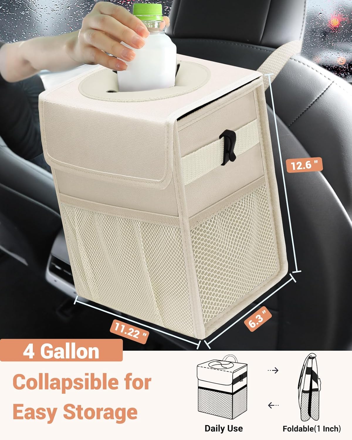 Capolo Car Trash Can with Lid, Leakproof Car Trash Bag Hanging Waterproof Automotive Garbage Can with Storage Pockets Mini Vehicle Trash Bin for Back/Front Seat(Black,2.5 Gallon)