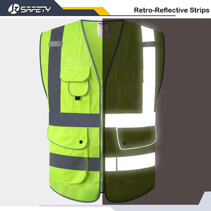 JKSafety 9 Pockets Class 2 High Visibility Zipper Front Safety Vest With Reflective Strips,Meets ANSI/ISEA Standard (Large, 150-Yellow) - Colors A