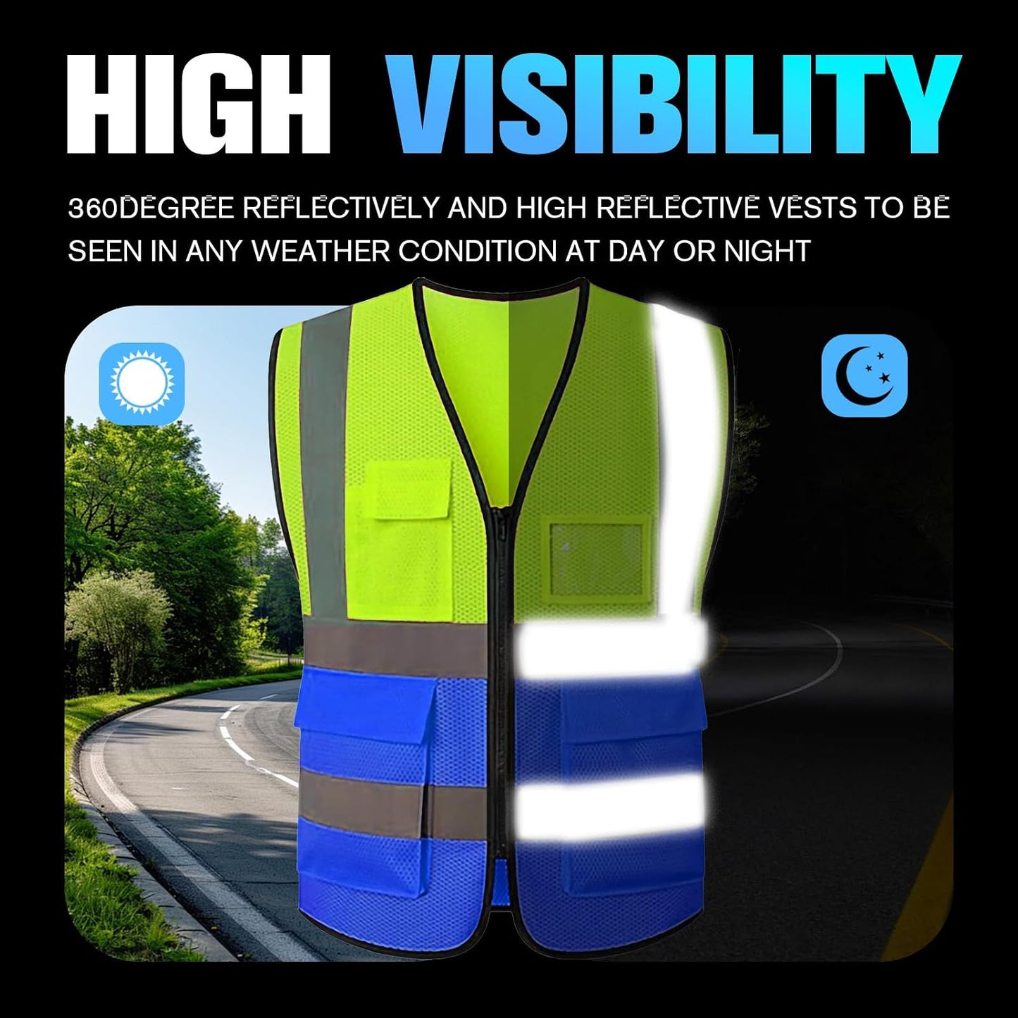 Reflective Mesh Safety Vest, Breathable Hi Vis Vest Construction Work with 5 Pockets and Zipper for Men Women