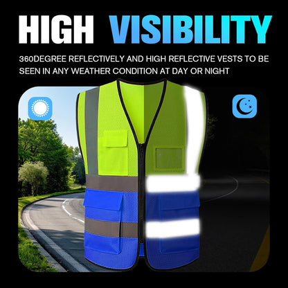 Reflective Mesh Safety Vest, Breathable Hi Vis Vest Construction Work with 5 Pockets and Zipper for Men Women