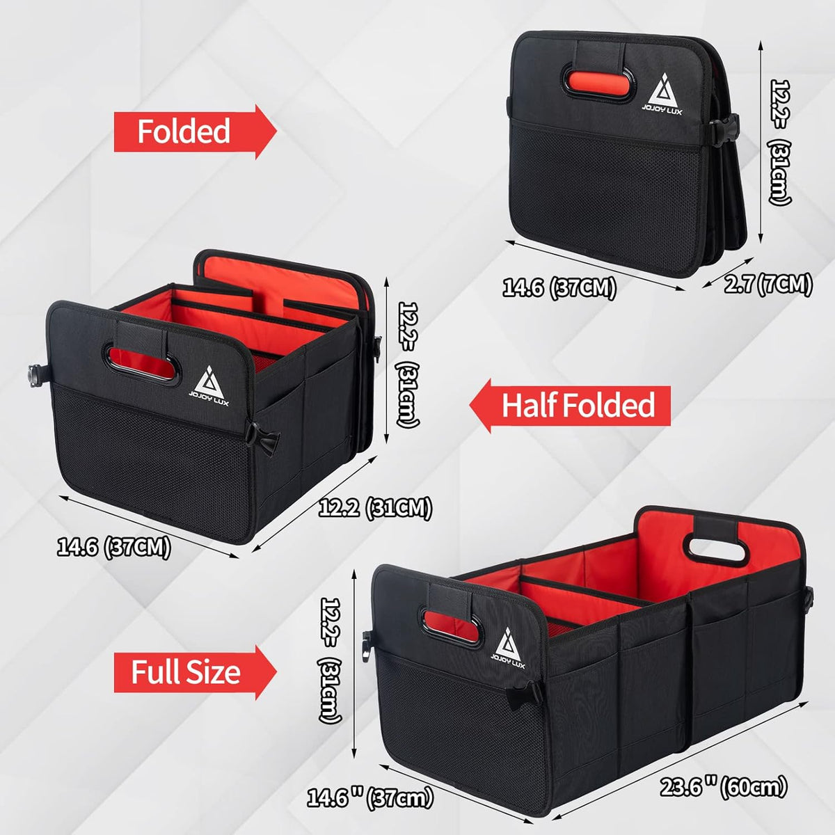 JOJOY LUX Car Trunk Organizer with Multi Compartments - Automotive Collapsible Cargo Containers with 11 Pockets & Reinforced Handles, Vehicle Grocery Organizer Bin Caddy Bag for SUV Van Truck