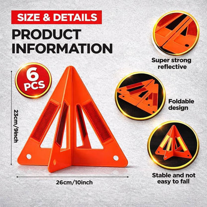 Safety Triangles for Vehicles, 6 Set Emergency Warning Reflective Triangles, Modular Two-Piece Design, High Visibility Roadside Safety Triangles for Car, Truck, SUV
