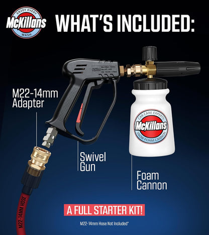 McKillans Pressure Washer Gun with Swivel & Foam Cannon Wide Mouth & M22-14mm Adapter - Adjustable Thick Foam - Power Washer Gun - 3/8" Male Plug & 1/4” Quick Connector Coupler
