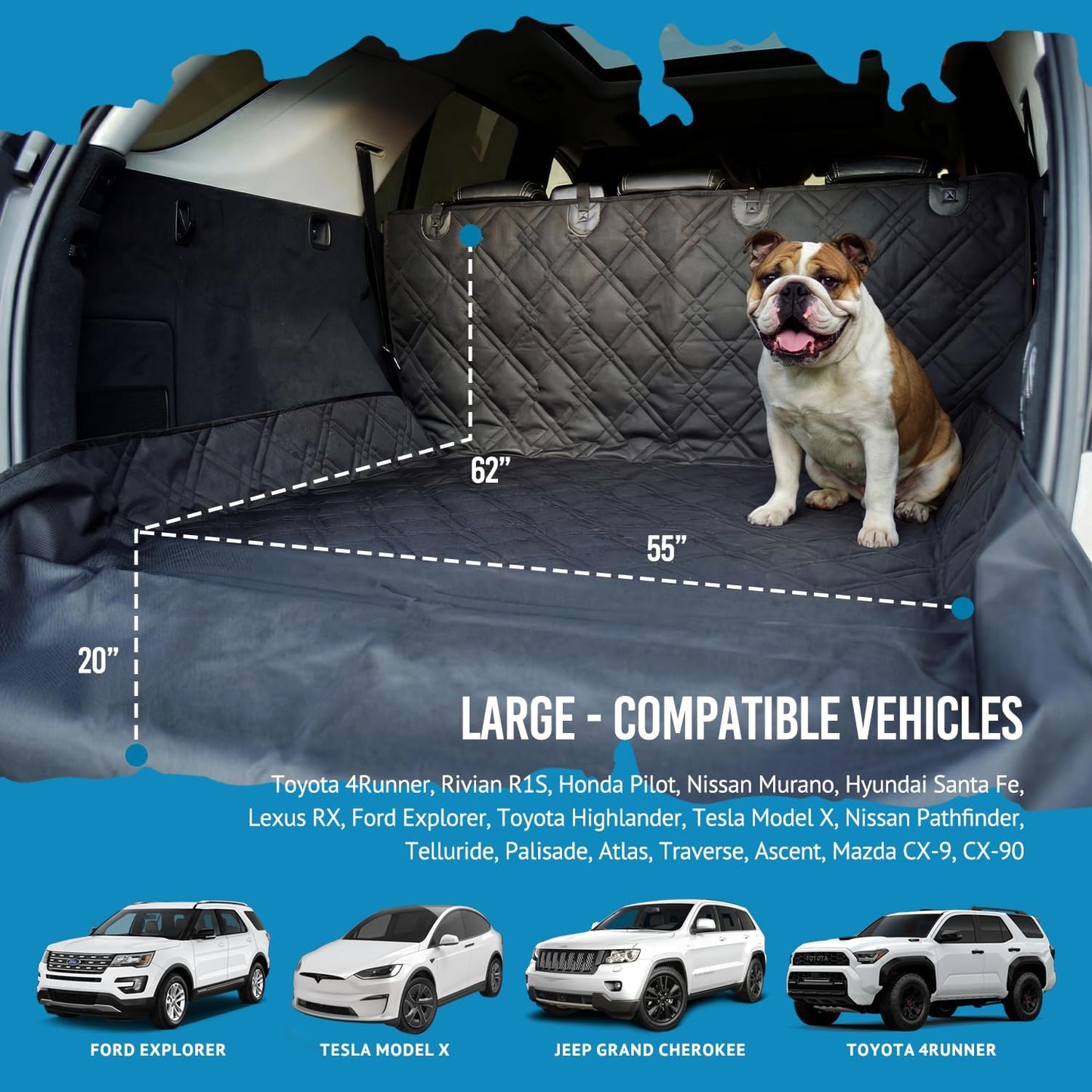 Bulldogology SUV Cargo Liner for Dogs 55"x82" Heavy Duty Pet Trunk Cargo Cover Area - Trunk Cover Car Protector for Dogs Waterproof Nonslip Mat - Dog Cargo Liner SUVs Vans Cars (Large, Black)