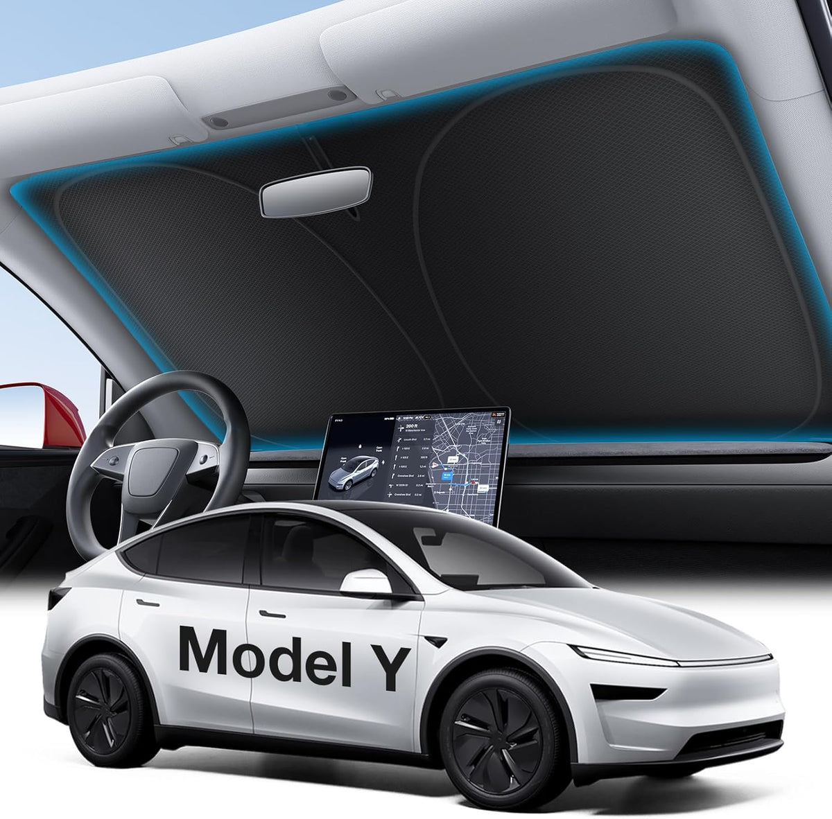 Wigoo Tesla New Model Y Accessories Windshield Sunshade [OEM Design, 100% Sun Blockage] Foldable Heat Insulation Sunshade with Storage Bag, for Model Y 2020~2026 (Juniper), Silver Coating - Colors B