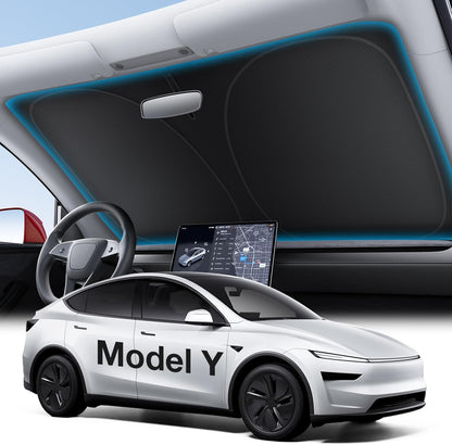 Wigoo Tesla New Model Y Accessories Windshield Sunshade [OEM Design, 100% Sun Blockage] Foldable Heat Insulation Sunshade with Storage Bag, for Model Y 2020~2026 (Juniper), Silver Coating - Colors B