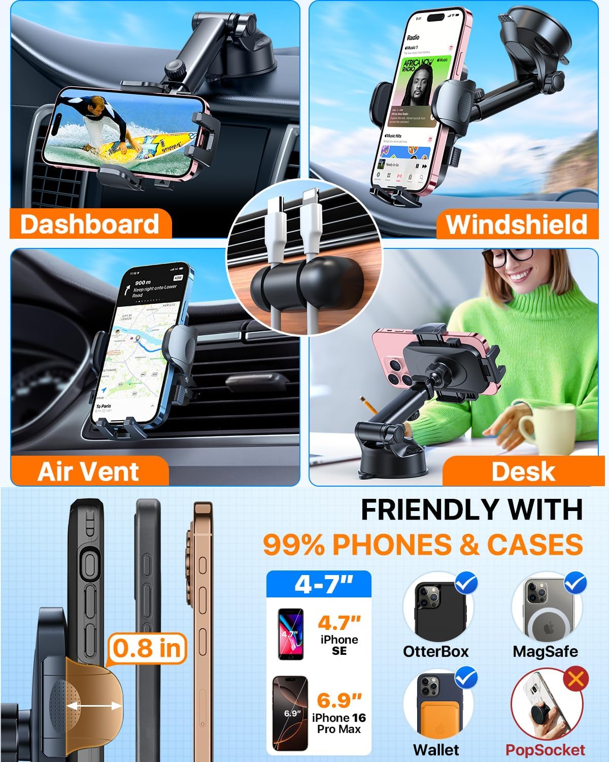 2026 Ultimate Best【True Military-Grade & Safety Cert】Car Phone Holder HTU【Upgraded 360 Rotation & 100+LBS Strongest Suction】5-in-1 Truck Windshield Dashboard Vent Mount Stand for iPhone Android, Black